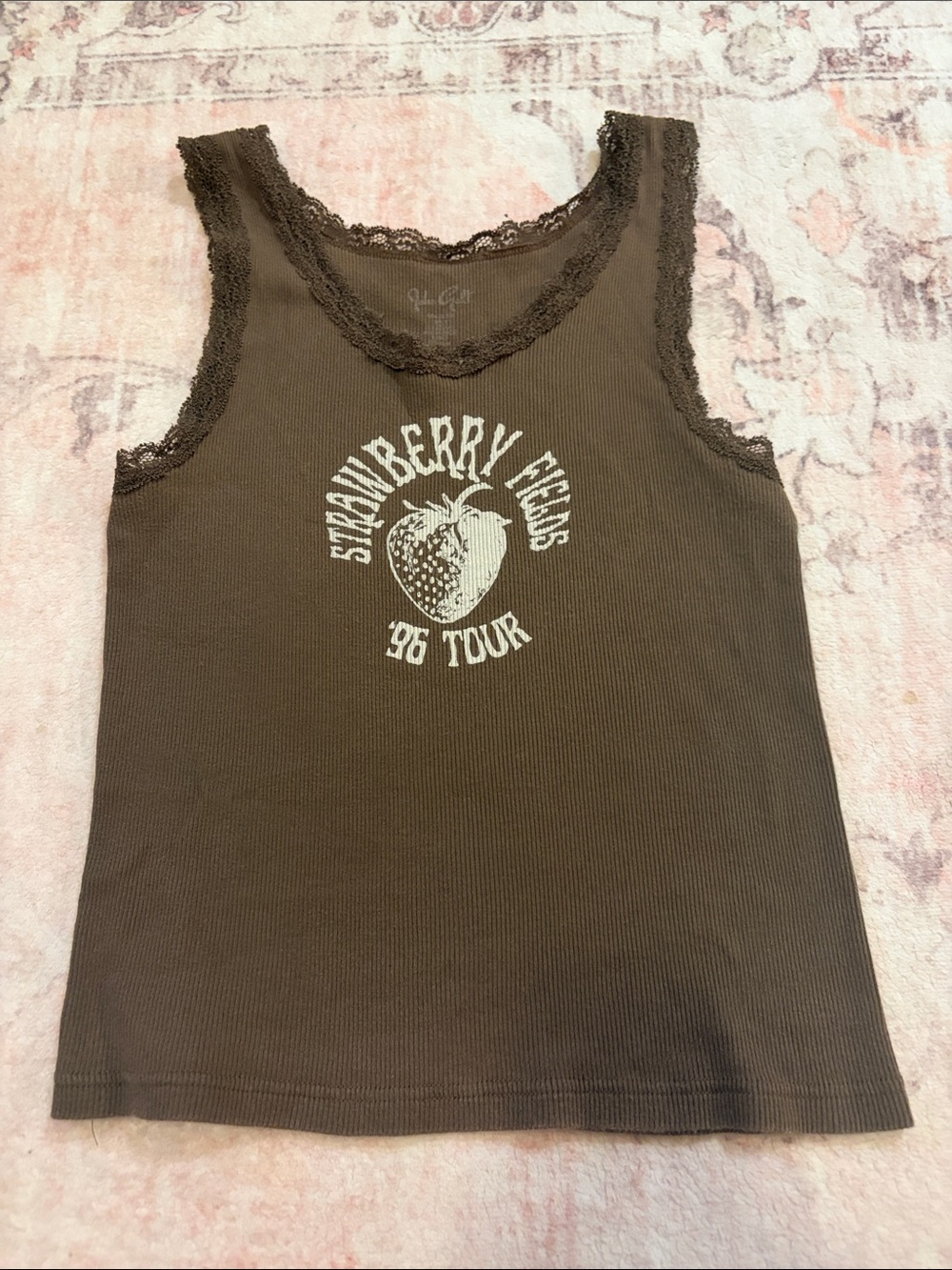 brandy john galt brown lace strawberry graphic  tank top